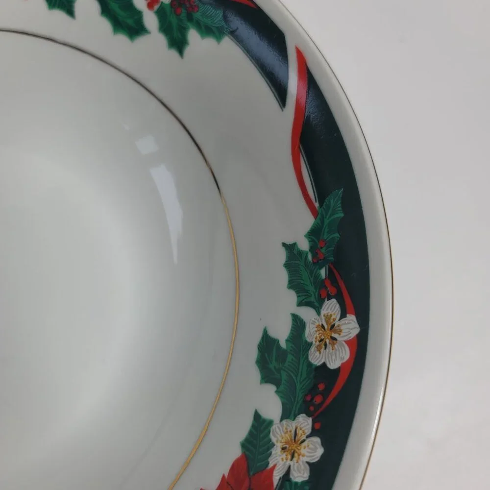 Tienshan Deck the Halls Serving Bowl Poinsettias & Ribbons Christmas China